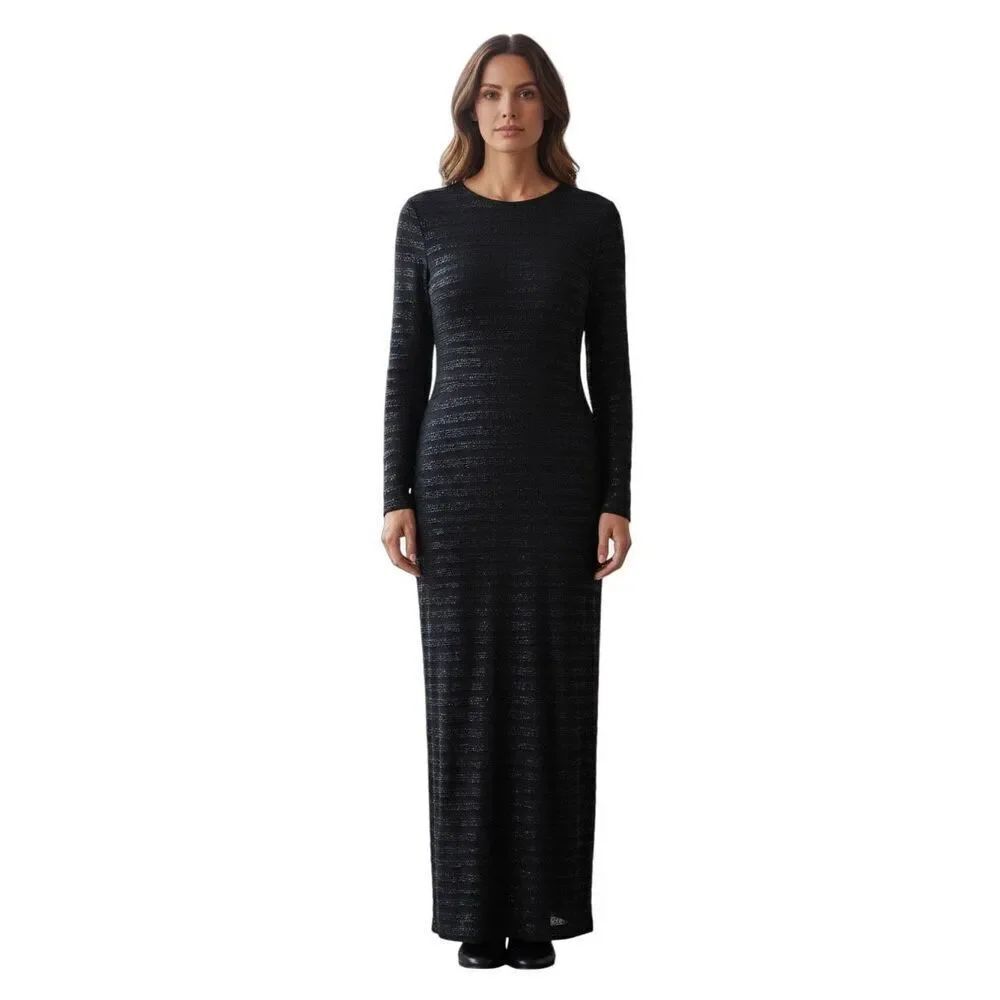Bieff Basix Size 2 Long Sleeve Beaded Silk Maxi Dress Black Blue Stripe Holiday